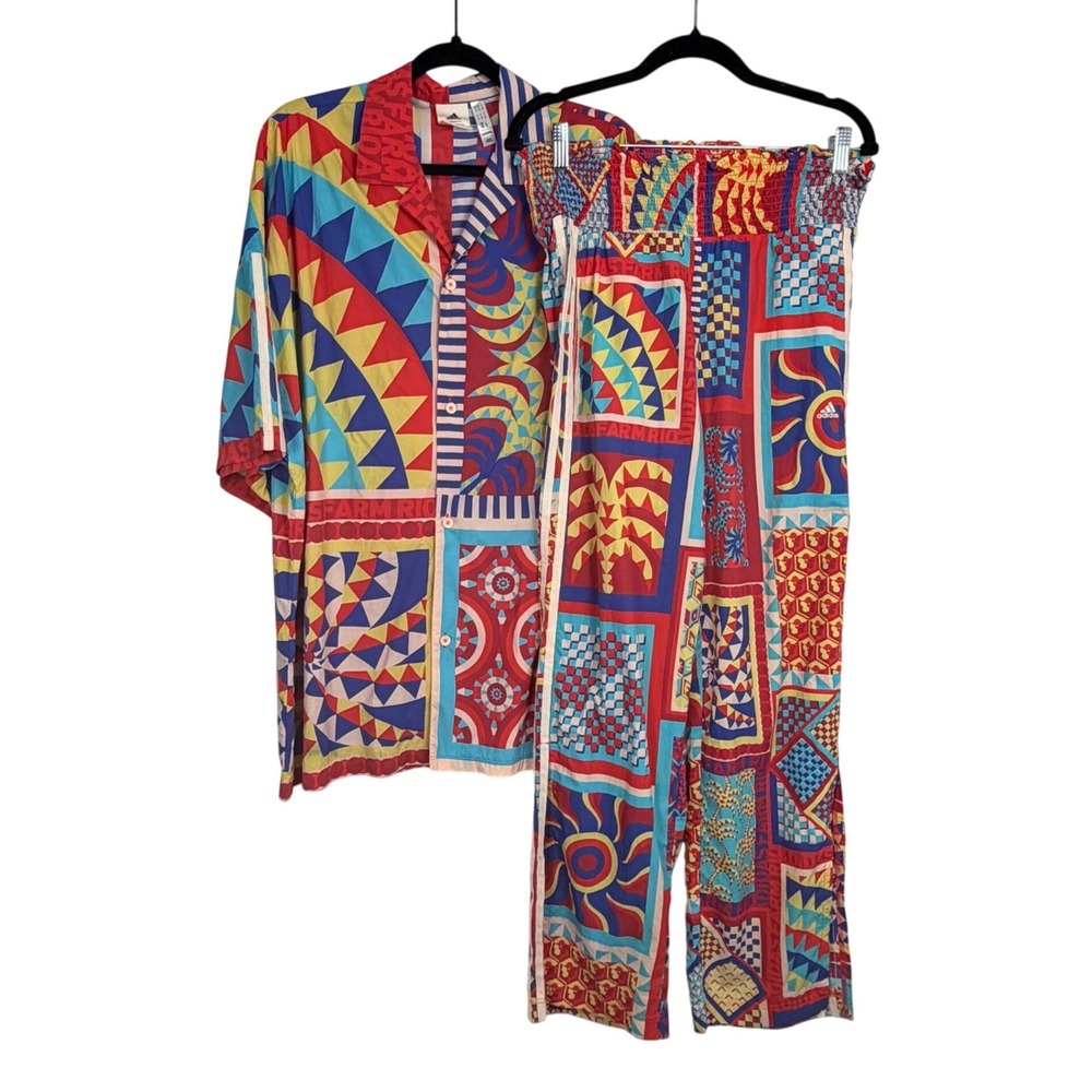 Adidas Multicolor Patchwork Print Button Up Shirt & Wide Leg Pants Set XL - Picture 2 of 12